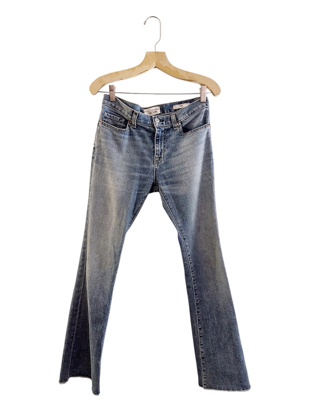 Nili Lotan Vianca Flare Leg Raw Hem Jeans Venice Wash Blue Mid Rise Cropped